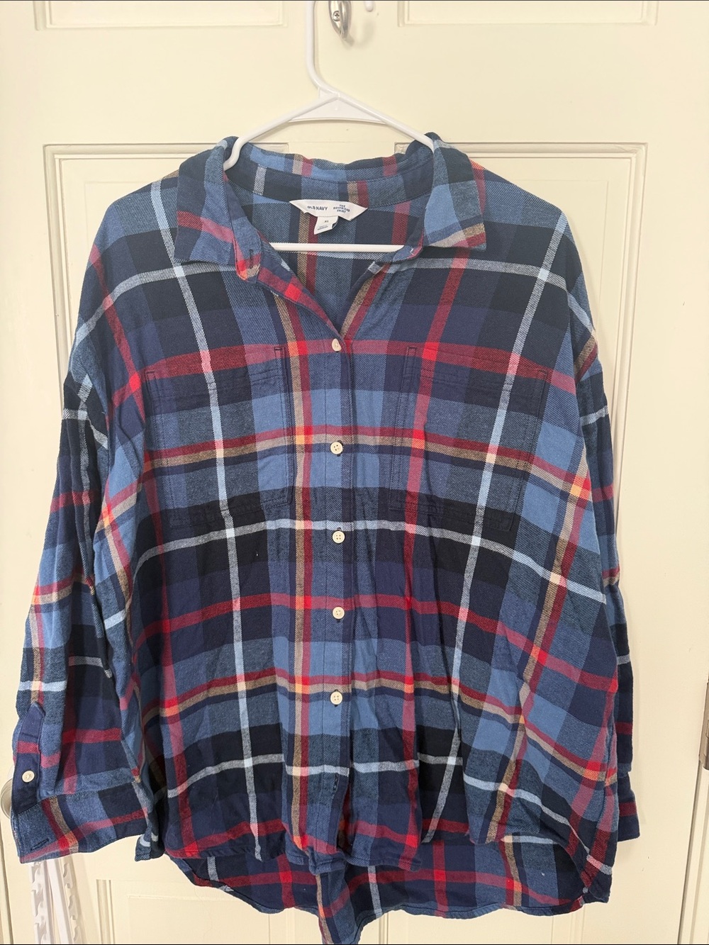 Old Navy Blue, Navy, and Red Plaid Button-Down Shirt